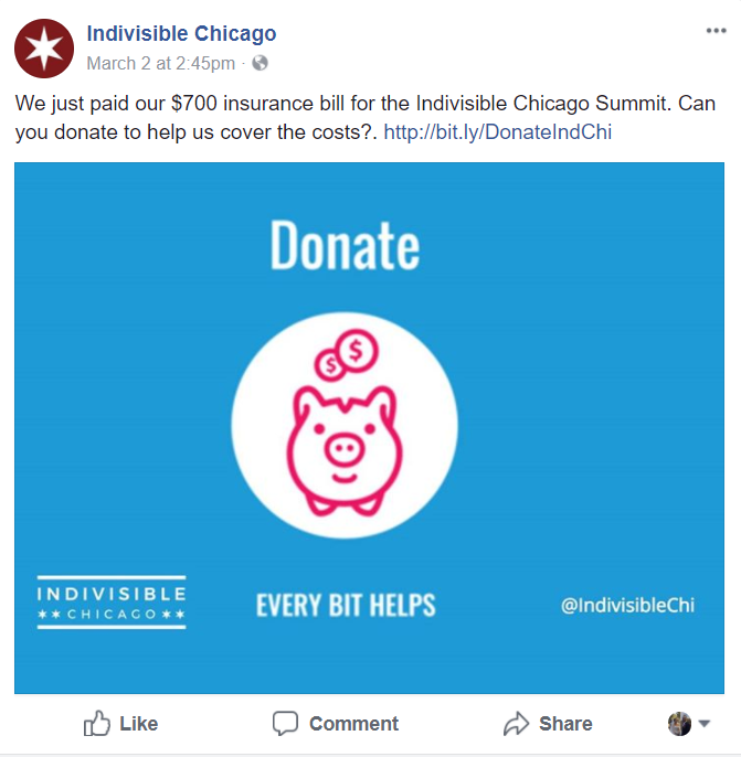 We just paid our $700 insurance bill for the Indivisible Chicago Summit. Can you donate to help us cover these costs?
