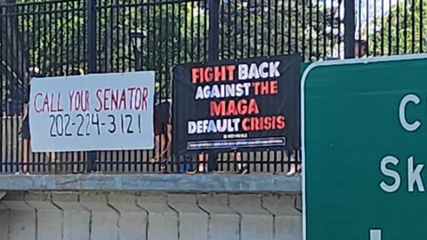 On the night of the Cardinals game, St. Louis Indivisible dropped a banner over the highway: “Call your senator! Fight Back Against the MAGA Default Crisis” 