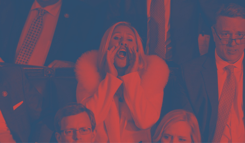A photo of Marjorie Taylor Greene from the State of the Union wearing a ridiculous fur coat and screaming at President Biden