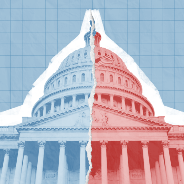 Image of the Capitol Building split in half with one side red and the other blue